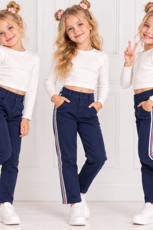 YANLARI ŞERİTLİ KOT KIZ TEK PANTOLON Lacivert