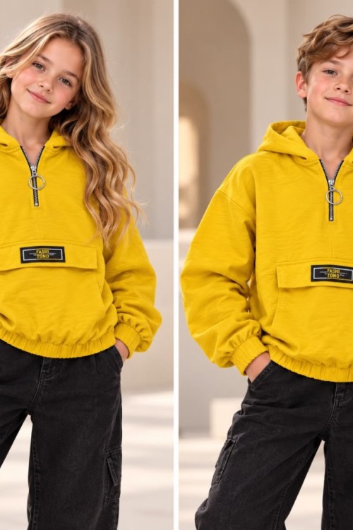 KANGURU CEP KAPŞONLU TEK SWEAT SHİRT Sarı