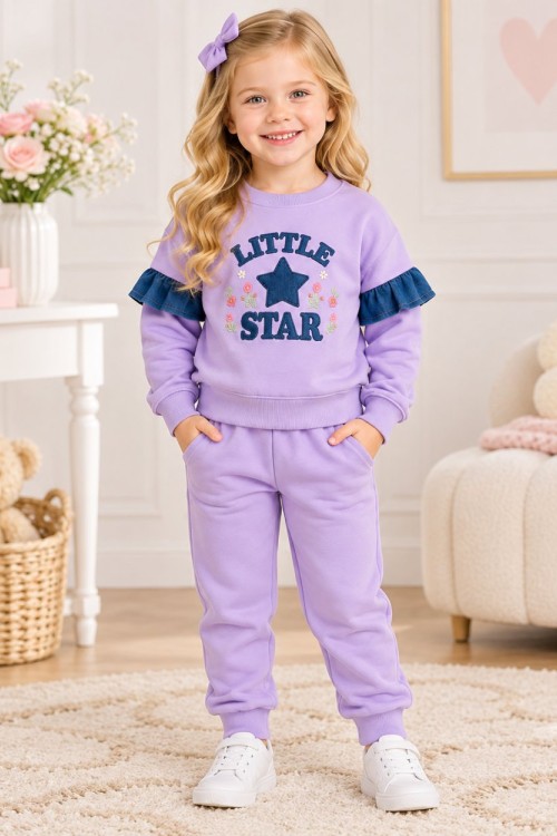 LİTTLE STAR KOL FIRFIR DETAYLI İKİLİ KIZ TAKIM Lila