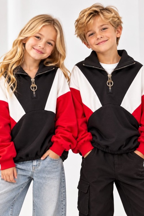 YARIM FERMUARLI 3 RENKLİ SWEAT SHİRT  Siyah