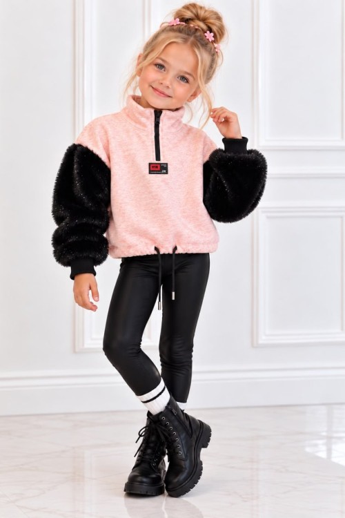 YARIM FERMUARLI KOLLARI PELUŞ SWEAT SHİRT Somon