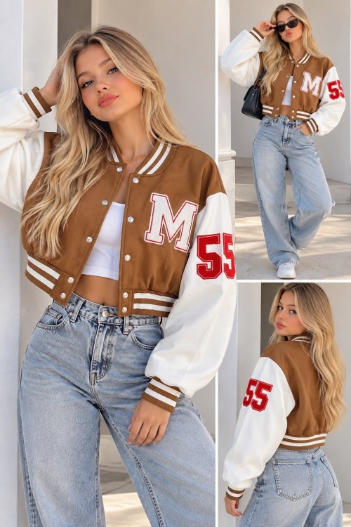 3 İP CROP M BASKILI KOLEJ CEKET  Bej