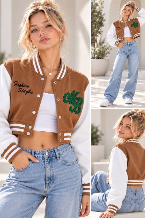 3 İP CROP MB BASKILI KOLEJ CEKET  Bej