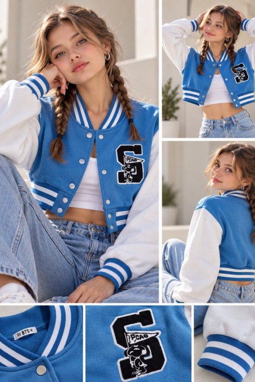 3 İP CROP S BASKILI KOLEJ CEKET  Mavi