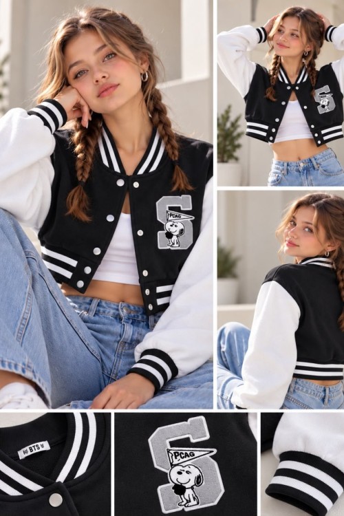 3 İP CROP S BASKILI KOLEJ CEKET  Füme