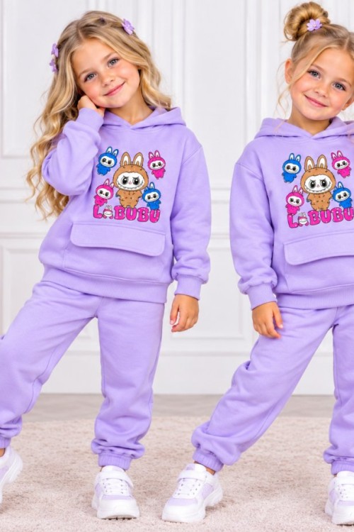 KÜÇÜK LABUBULU KAPŞONLU SWEAT TAKIM  Lila