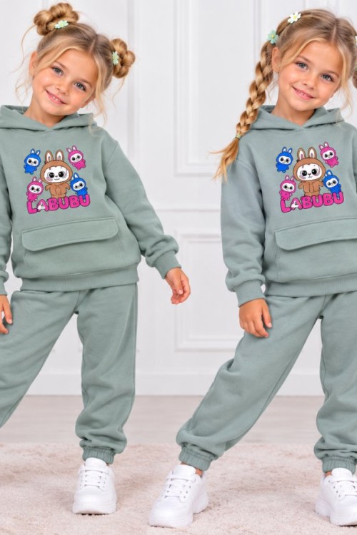 KÜÇÜK LABUBULU KAPŞONLU SWEAT TAKIM  Yeşil