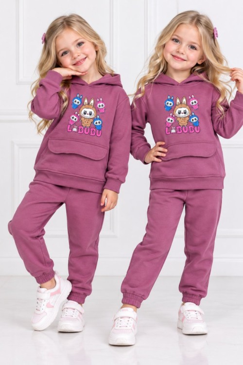 KÜÇÜK LABUBULU KAPŞONLU SWEAT TAKIM  Mürdüm