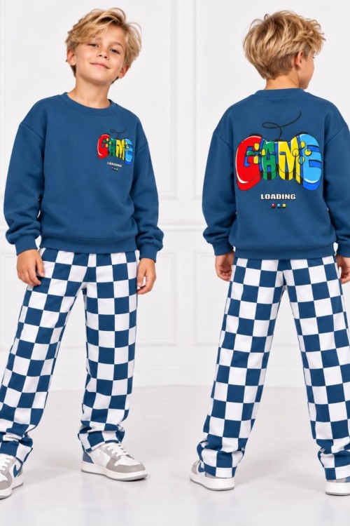 3 İP ŞARDONLU GAME YAZILI SIRT BASKILI EŞOFMAN TAKIMI  Mavi