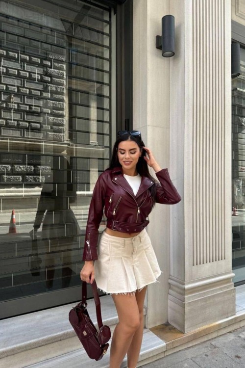 KOLLARI FERMUAR DETAYLI KEMERLİ DERİ CEKET Bordo