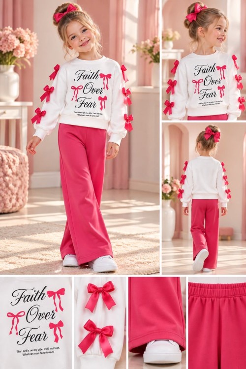 FAİTH OVER FEAR YAZILI KOLLARI FİYONK DETAYLI KIZ TAKIM  Gri Pembe