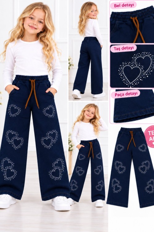 HER YERİ TAŞLI KALPLİ BEL LASTİKLİ KOT PANTOLON  Lacivert