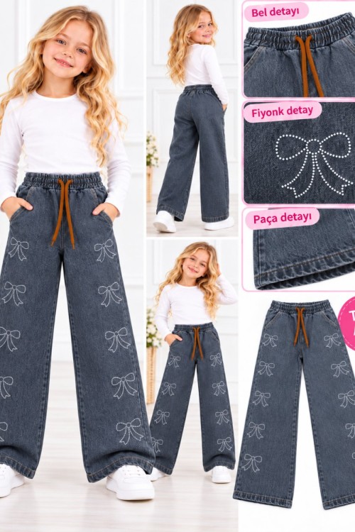  KENARLARİ TAŞLI FİYONKLU TEK KOT PANTOLON  Gri