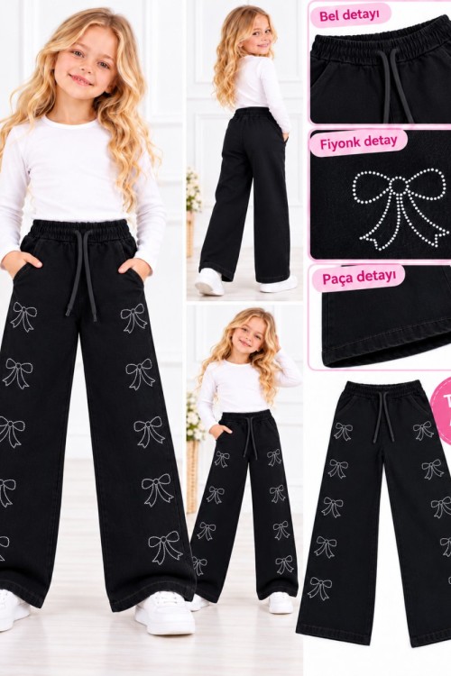  KENARLARİ TAŞLI FİYONKLU TEK KOT PANTOLON  Siyah