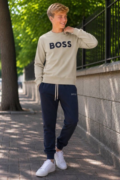 ENJEKSIYON BASKILI BOSS YAZILI EŞOFMAN TAKIMI Bej