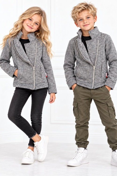 KIRÇILLI YANDAN FERMUARLI UNISEX ÇEKET  Gri