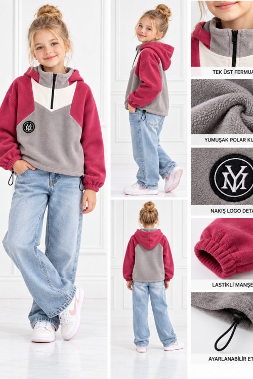 YARIM FERMUARLI BEL BÜZGÜLÜ POLAR SWEAT Bordo Taş