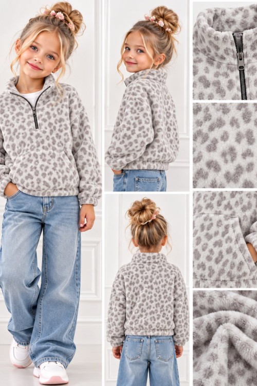 YARIM FERMUARLI LEOPAR SWEAT  Gri