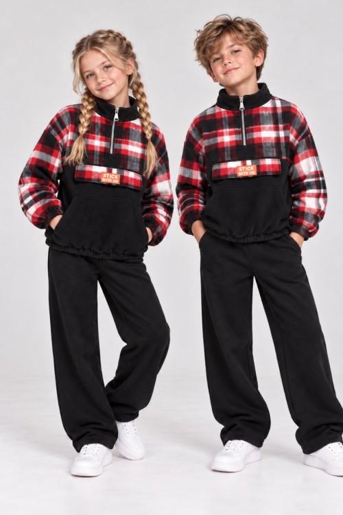 YARIM FERMUARLI YARISI EKOSELİ UNISEX SWEAT  Siyah Kırmızı