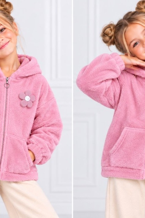 TAM FERMUAR ÇİÇEK DESENLİ KAPŞONLU CEPLİ PELUŞ CEKET Pembe
