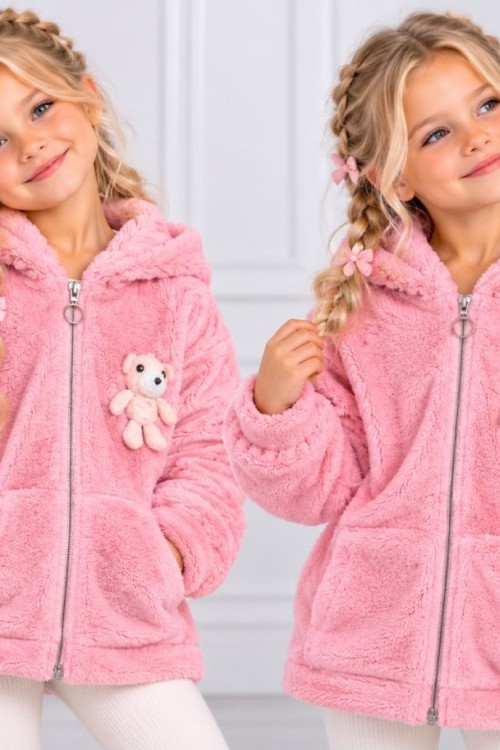 TAM FERMUAR AYICIKLI CEPLİ KAPŞONLU PELUŞ CEKET Pembe