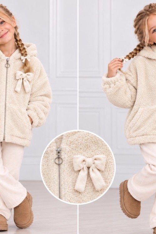 TAM FERMUAR FİYONK DETAYLI CEPLİ PELUŞ CEKET Krem