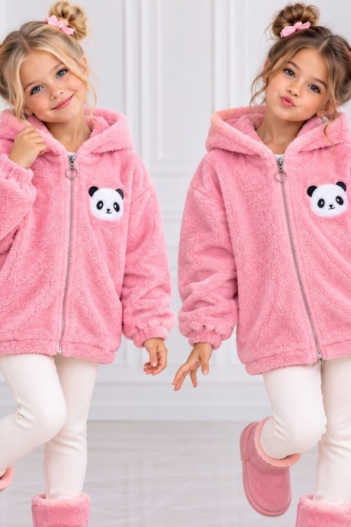 TAM FERMUAR PANDA DESENLİ KAPŞONLU PELUŞ CEKET  Pembe