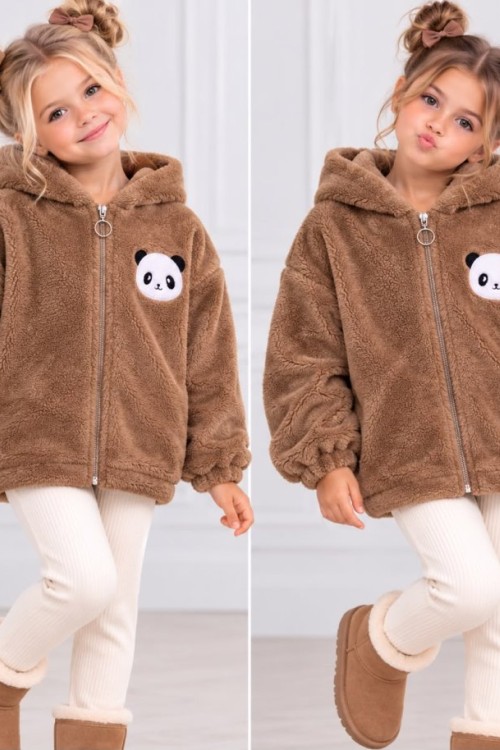 TAM FERMUAR PANDA DESENLİ KAPŞONLU PELUŞ CEKET  Kahverengi