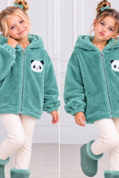 TAM FERMUAR PANDA DESENLİ KAPŞONLU PELUŞ CEKET  Yeşil