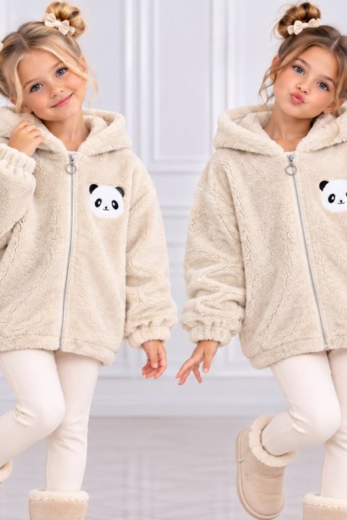 TAM FERMUAR PANDA DESENLİ KAPŞONLU PELUŞ CEKET  Krem