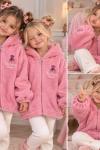 TAM FERMUAR GÜL DESENLİ KAPŞONLU PELUŞ CEKET Pembe