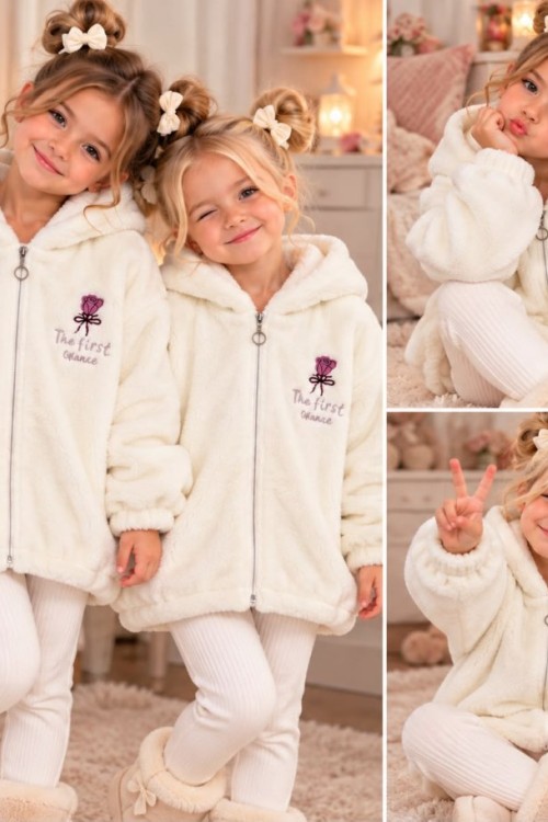 TAM FERMUAR GÜL DESENLİ KAPŞONLU PELUŞ CEKET Beyaz