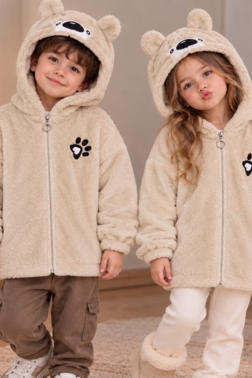 TAM FERMUAR PATİLİ KAPŞONLU PELUŞ CEKET  Krem
