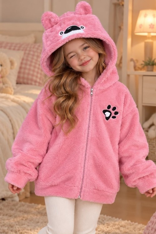 TAM FERMUAR PATİLİ KAPŞONLU PELUŞ CEKET  Pembe