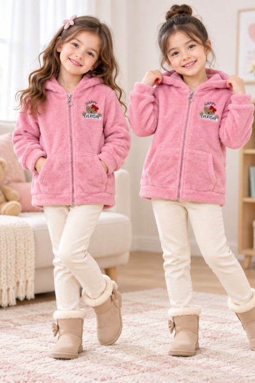 TAM FERMUAR HAPPY EVERYDAY YAZILI CEPLİ PELUŞ CEKET Pembe