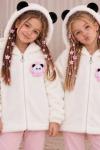 TAM FERMUAR ÇİÇEKLİ PANDA DESENLİ KAPŞONLU PELUŞ CEKET Beyaz