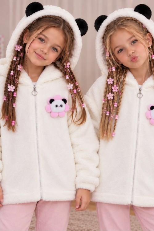 TAM FERMUAR ÇİÇEKLİ PANDA DESENLİ KAPŞONLU PELUŞ CEKET Beyaz