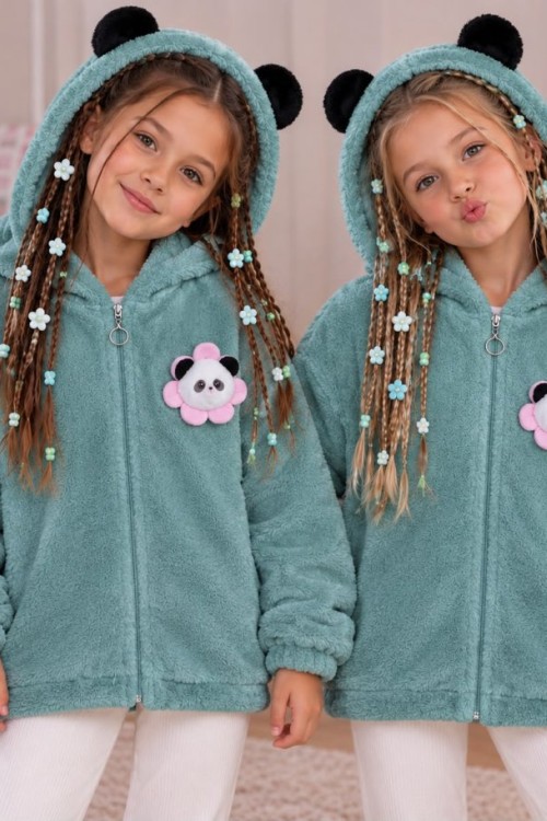 TAM FERMUAR ÇİÇEKLİ PANDA DESENLİ KAPŞONLU PELUŞ CEKET Yeşil
