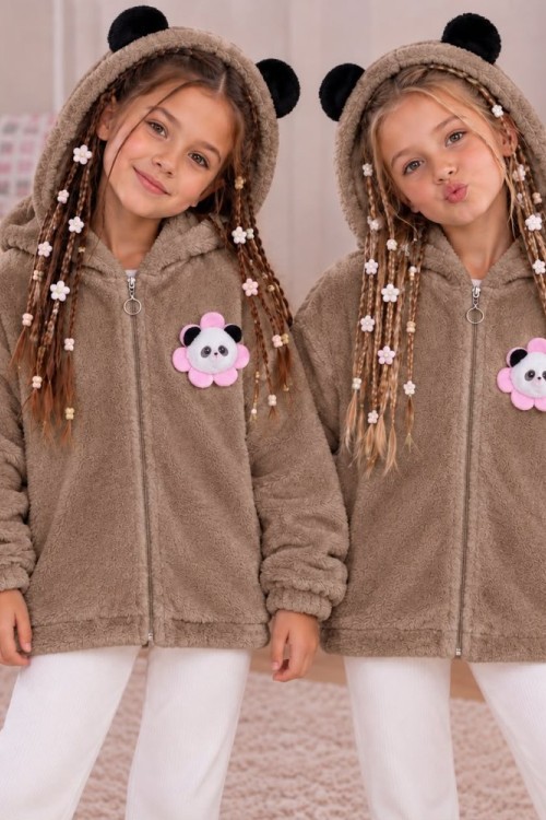 TAM FERMUAR ÇİÇEKLİ PANDA DESENLİ KAPŞONLU PELUŞ CEKET Kahverengi