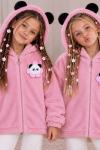 TAM FERMUAR ÇİÇEKLİ PANDA DESENLİ KAPŞONLU PELUŞ CEKET Pembe