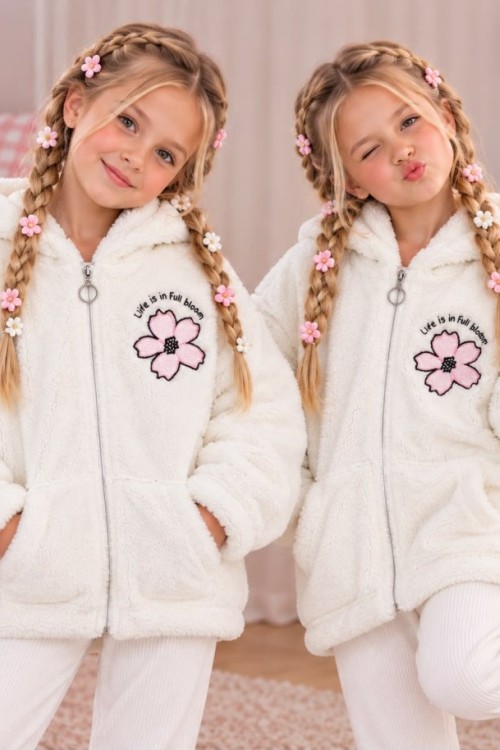 TAM FERMUAR LİFE İS BLOOM YAZILI ÇİÇEK DESENLİ CEPLİ PELUŞ CEKET Beyaz