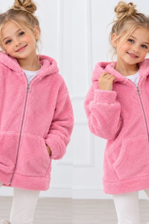 TAM FERMUAR SADE CEPLİ PELUŞ CEKET Pembe