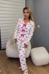 ÖNÜ 3 FUŞYA FİYONKLU KEDİLİ YUMOŞ PİJAMA  Beyaz