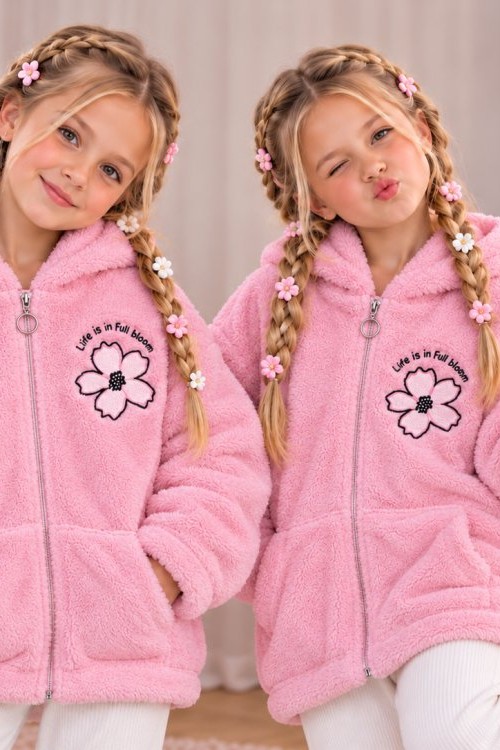 TAM FERMUAR LİFE İS BLOOM YAZILI ÇİÇEK DESENLİ CEPLİ PELUŞ CEKET Pembe