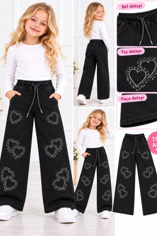 HER YERİ TAŞLI KALPLİ BEL LASTİKLİ KOT PANTOLON  Siyah