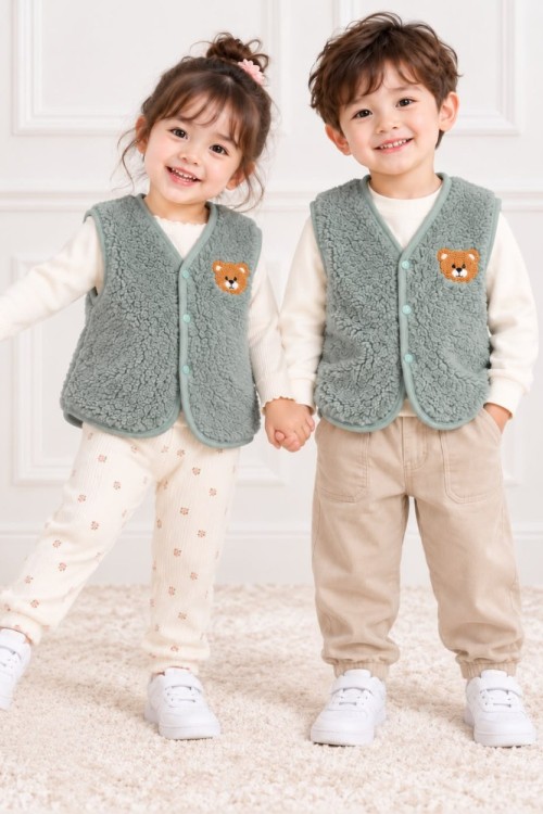 AYICIK BASKILI PELUŞ YELEK Mint Yeşili