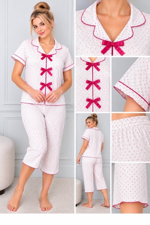 KISA KOL PEMBE MİNİK FİYONKLU KAPRİ PİJAMA Beyaz