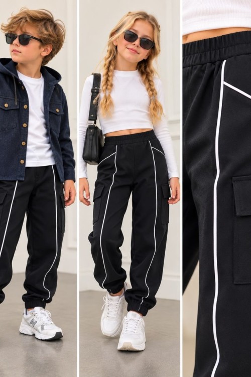 ÇİZGİ DETAYLI CEPLİ KARGO PANTALON Siyah